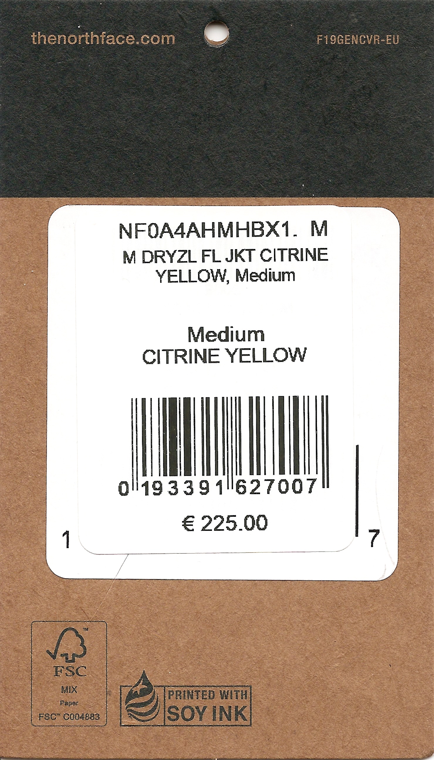The North Face 2020 retail price tag showing code NF0A4AHMHBX1, product text, size, price, and barcode