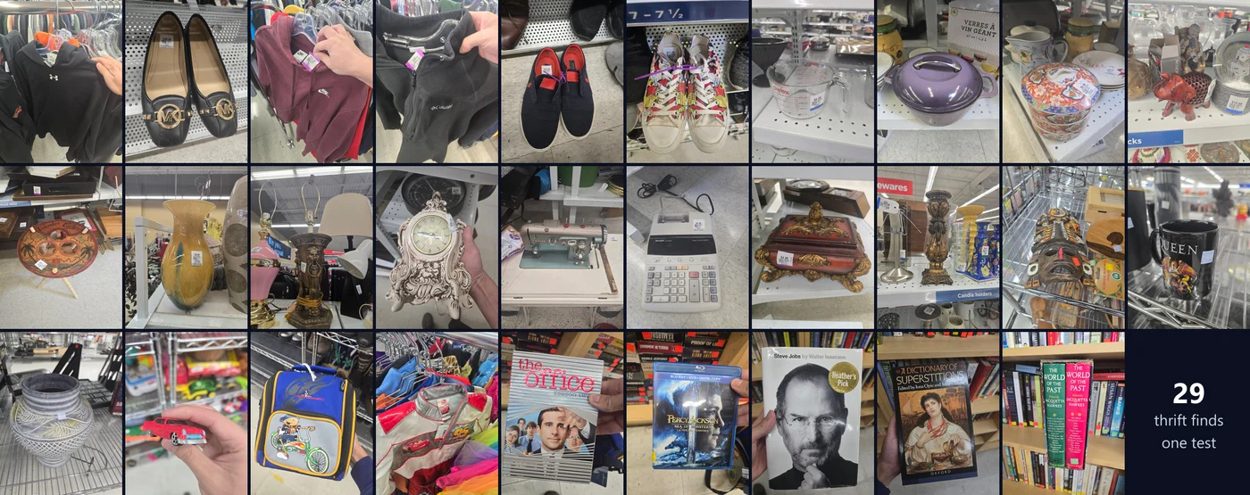 The 29 thrift store items we ran through every app: clothes, shoes, kitchenware, decor, a calculator, toys, DVDs and books.