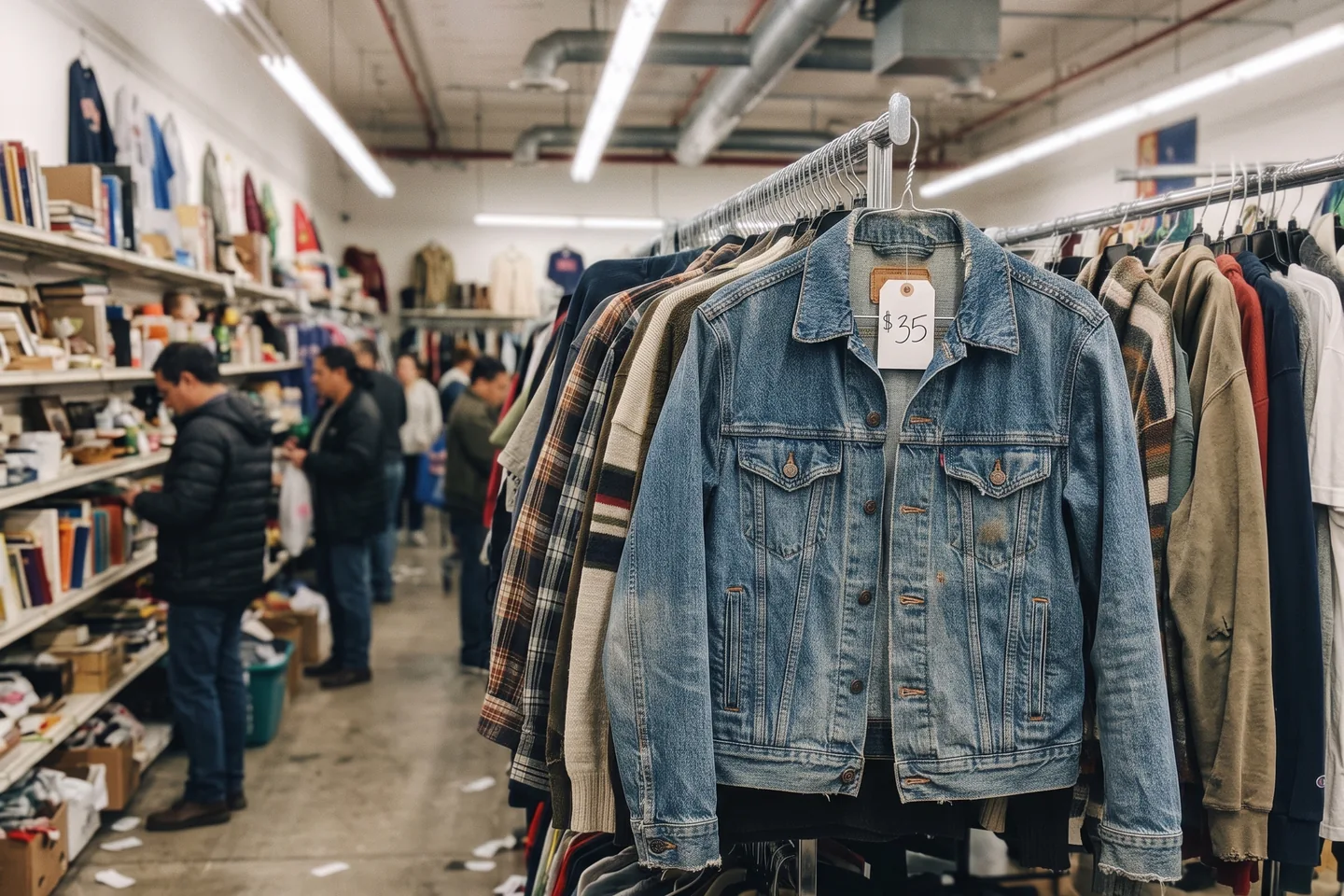 Worn denim trucker jacket with a $35 price tag on a crowded thrift store rack