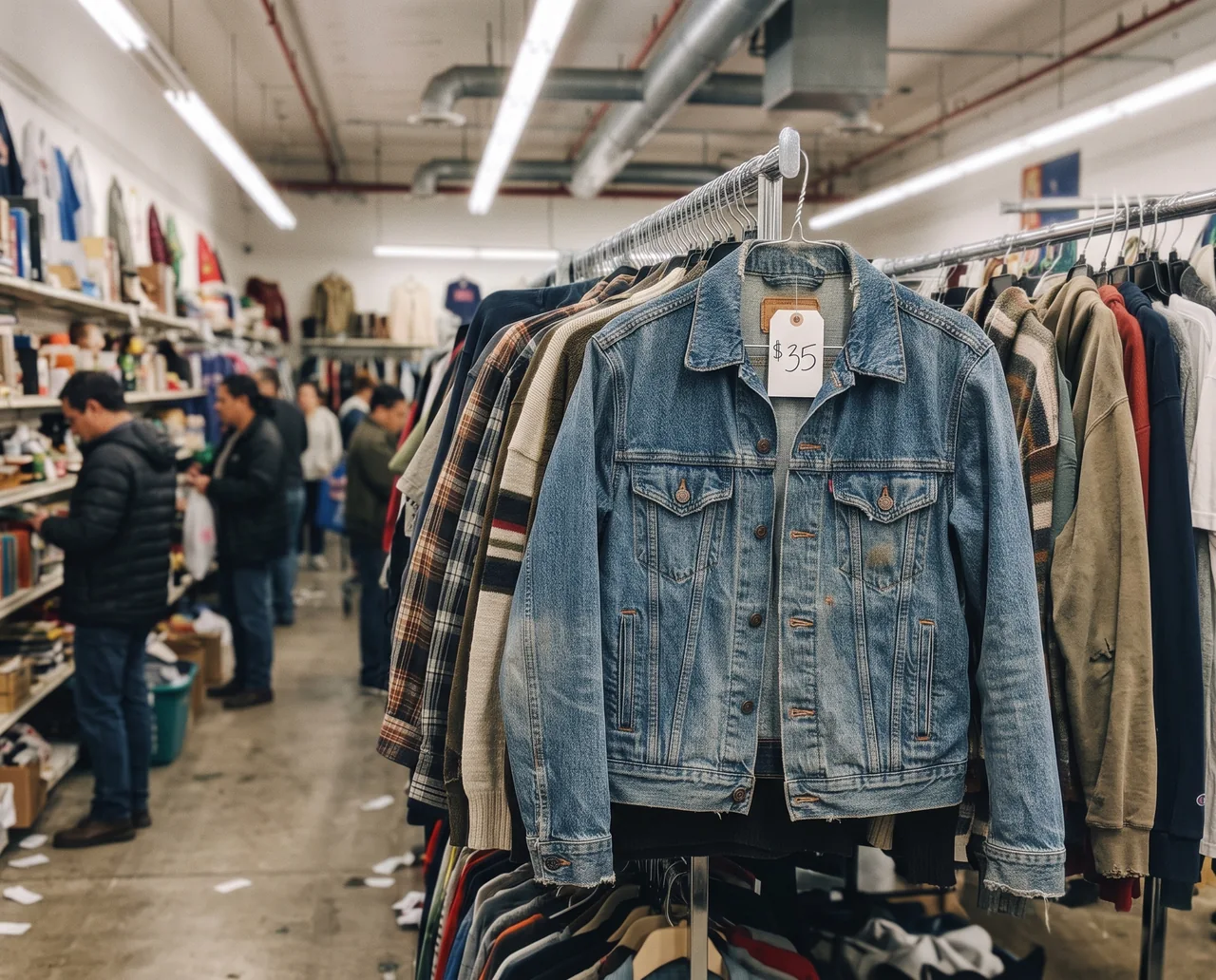 Worn denim trucker jacket with a $35 price tag on a crowded thrift store rack