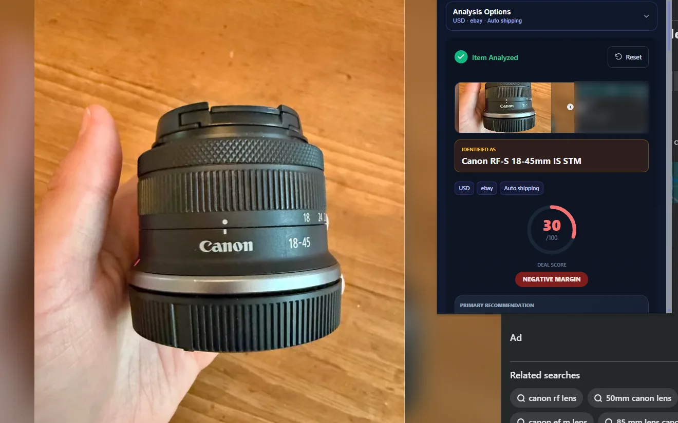 The Underpriced extension result open over a Facebook Marketplace listing for a Canon RF-S 18-45mm lens in Chrome
