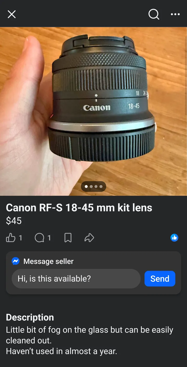 A Facebook Marketplace listing for a Canon RF-S 18-45mm kit lens at $45, in the Facebook app