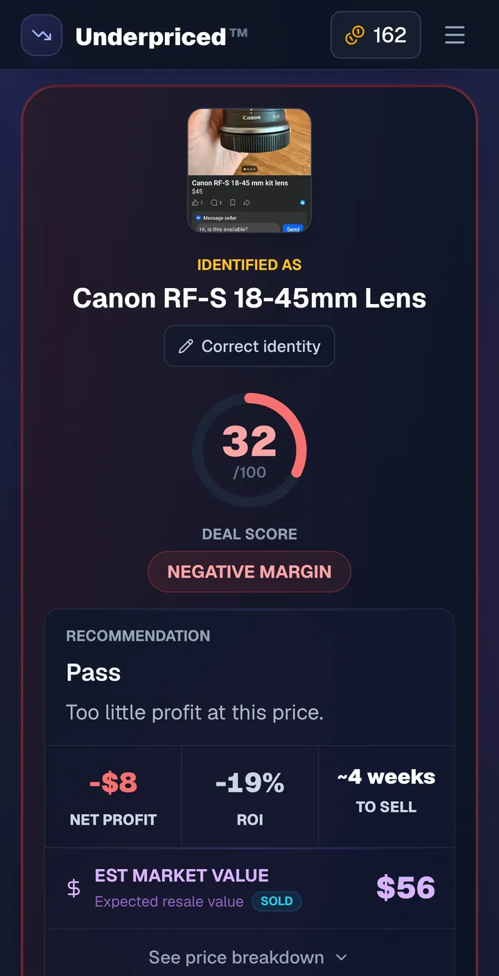 The Underpriced result for that listing: Canon RF-S 18-45mm lens, deal score 32, negative margin, pass