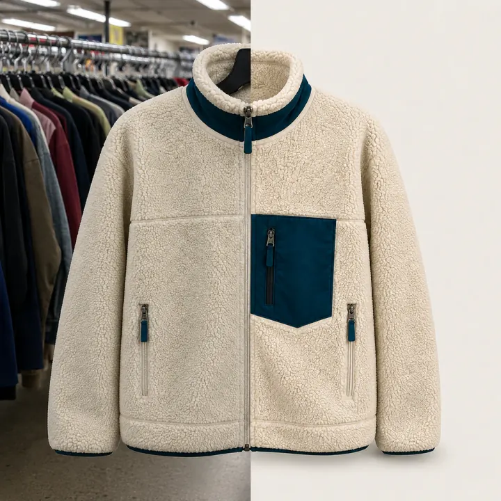 A Patagonia fleece photographed on a thrift store rack, and the same photo with the background removed in PhotoStudio